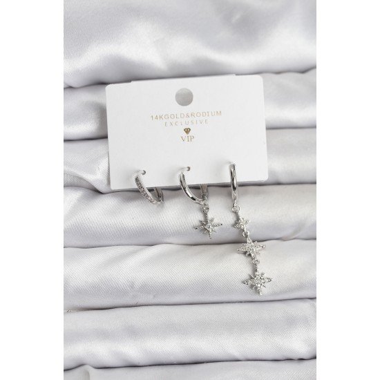 Kutup Yıldızı Model Gümüş Renk Pirinç 3'lü Kadın Küpe Seti Kutup Yıldızı Model Gümüş Renk Pirinç 3'lü Kadın Küpe Seti