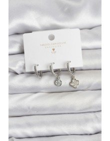 Pirinç Gümüş Renk Yonca Model 3'lü Kadın Küpe Seti