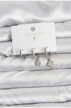 Pirinç Gümüş Renk Yonca Model 3'lü Kadın Küpe Seti