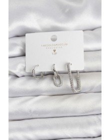 Gümüş Renk Zirkon Taşlı 3'lü Kadın Küpe Seti