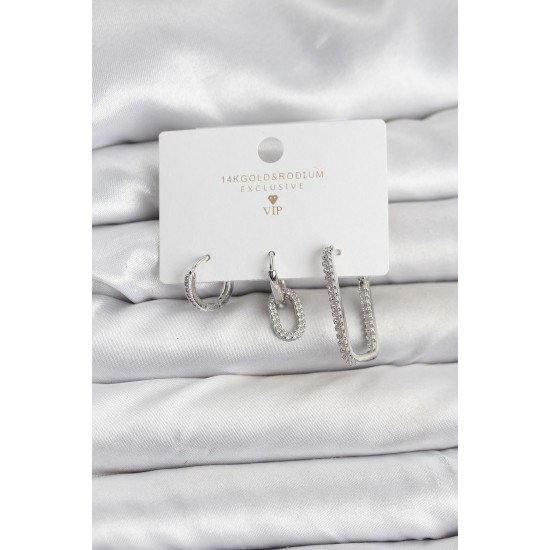 Gümüş Renk Zirkon Taşlı 3'lü Kadın Küpe Seti Gümüş Renk Zirkon Taşlı 3'lü Kadın Küpe Seti