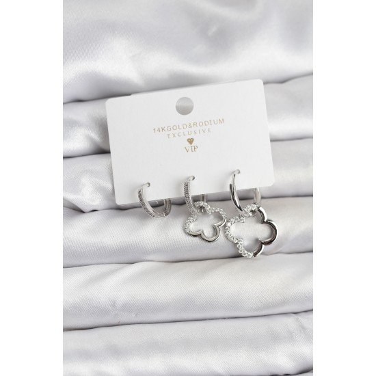 Yonca Model Gümüş Renk Pirinç 3'lü Kadın Küpe Seti