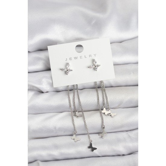 Kelebek Model Gümüş Renk Pirinç Sallantılı Kadın Küpe Kelebek Model Gümüş Renk Pirinç Sallantılı Kadın Küpe