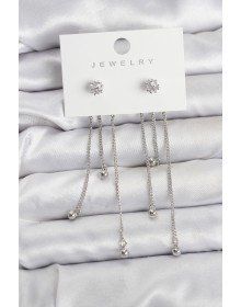 Topçuk Model Gümüş Renk Pirinç Sallantılı Kadın Küpe Seti