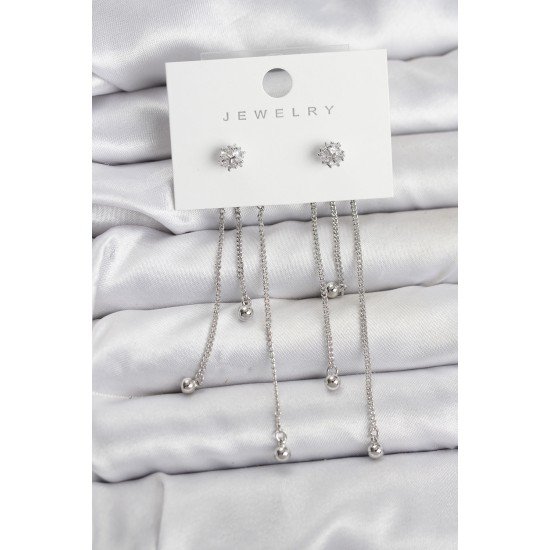 Topçuk Model Gümüş Renk Pirinç Sallantılı Kadın Küpe Seti