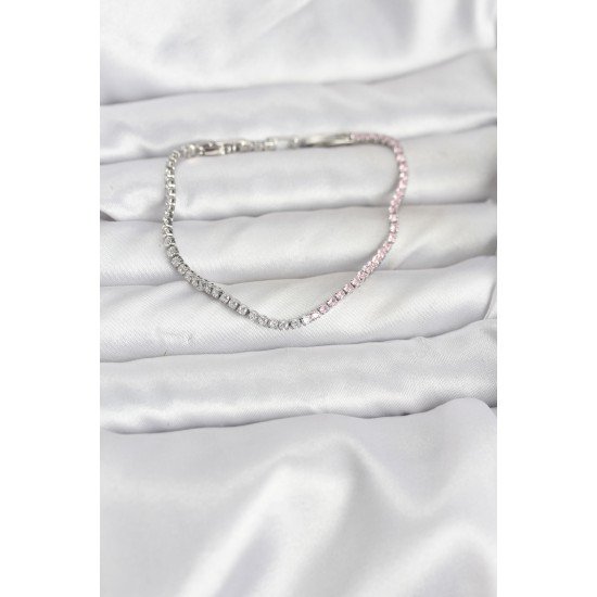 Pembe ve Beyaz Zirkon Taşlı Gümüş Renk Su Yolu Kadın Bileklik