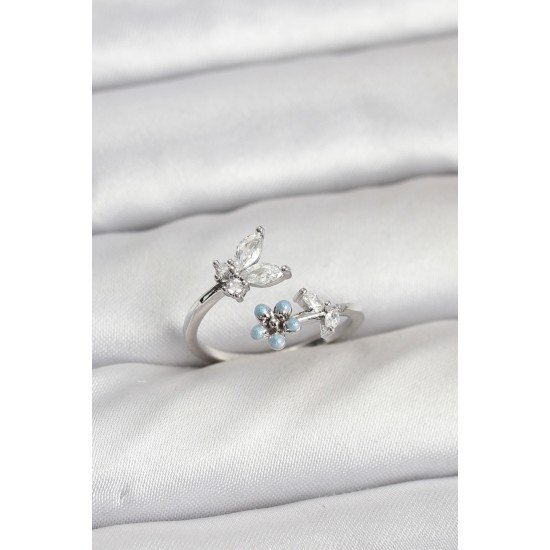 Pirinç Gümüş Renk Kelebek Model Kadın Yüzük