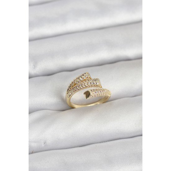 Gold Renk Zirkon Taşlı Pirinç Kadın Yüzük