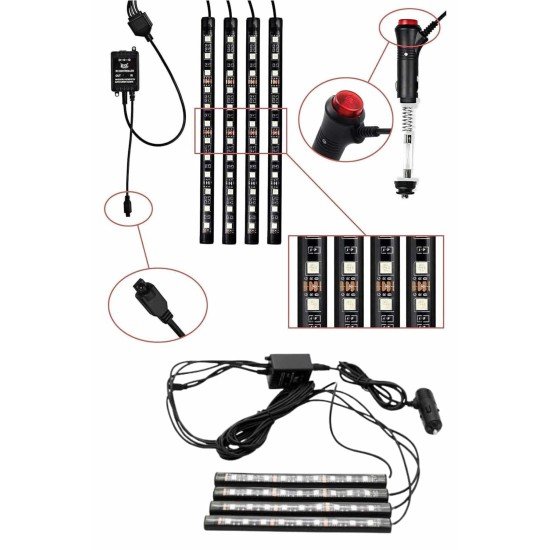 RGB Işıklı Araç İçi Aydınlatma Kumandalı 12'li Led Işık Renk Değiştirebilen