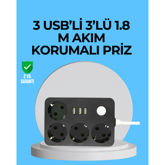 3 USB Çıkışlı 4’lü Akıllı Priz 2500W 2 Metre Kablo