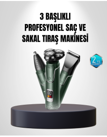 3D Akıllı Kesim Teknolojili Şarjlı Tıraş Seti – 3 Başlıklı, Paslanmaz Çelik Bıçaklı
