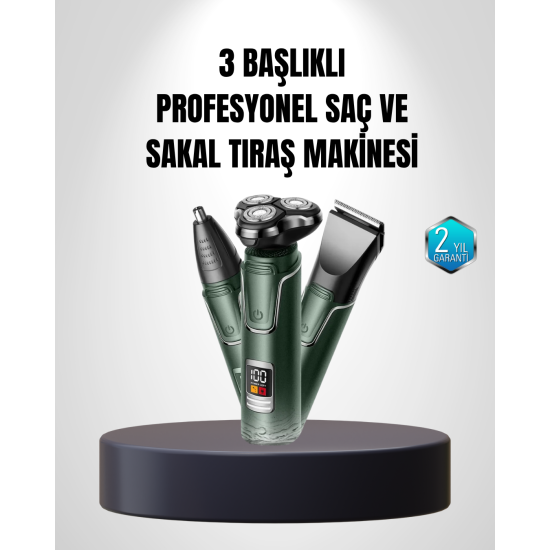 3D Akıllı Kesim Teknolojili Şarjlı Tıraş Seti – 3 Başlıklı, Paslanmaz Çelik Bıçaklı