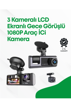 2.0” LCD Ekranlı, Döngüsel Kayıt Özellikli Üç Kameralı Oto Kamera