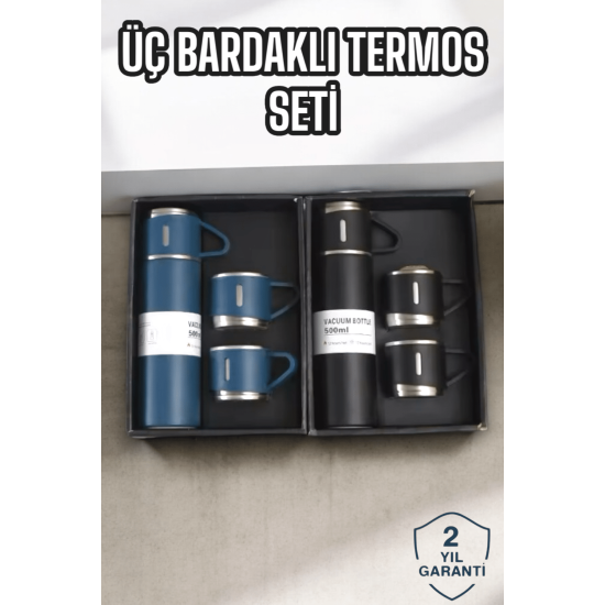 Şık ve Dayanıklı 3 Bardaklı Termos Seti Uzun Süre Isı Koruma Özellikli