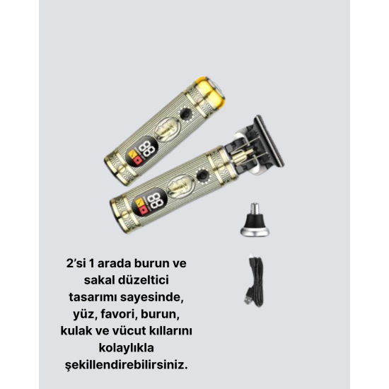 2’si 1 Arada Saç ve Sakal Düzeltici Seti – T Bıçaklı, 8 Farklı Kılavuz Tarağı