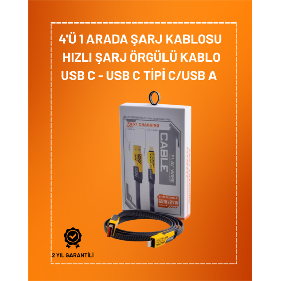 4'ü 1 Arada USB Hızlı Şarj ve Veri Kablosu – 65W Güç, Çoklu Bağlantı, 1.2m 4'ü 1 Arada USB Hızlı Şarj ve Veri Kablosu – 65W Güç, Çoklu Bağlantı, 1.2m