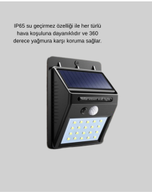 Güneş Enerjili 20 LED Hareket Sensörlü Lamba – IP65 Su Geçirmez Dış Mekan Aydınlatma