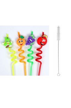 5 Parça Renkli Pipet Seti - Emojili Spiral Kokteyl- Çocuk Pipeti Temizleme Fırçalı