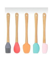 5'li Renkli Ahşap Saplı Silikon Uçlu Spatula Fırçalı Kaşık Seti -Yemek Hazırlık Seti 21 Cm