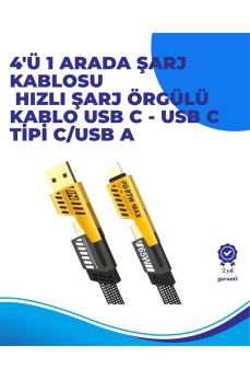 65W 4'ü 1 Arada Çoklu Şarj Kablosu – USB-C, USB-A, Lightning, Veri ve Şarj Desteği
