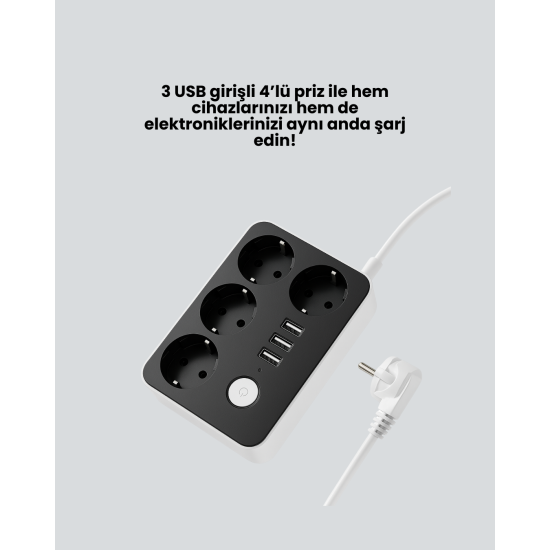 3 USB Çıkışlı 4’lü Akıllı Priz 2500W 2 Metre Kablo
