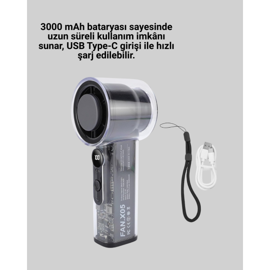 100 Kademeli Ayarlanabilir Mini Fan | Dijital Ekranlı Serinletici