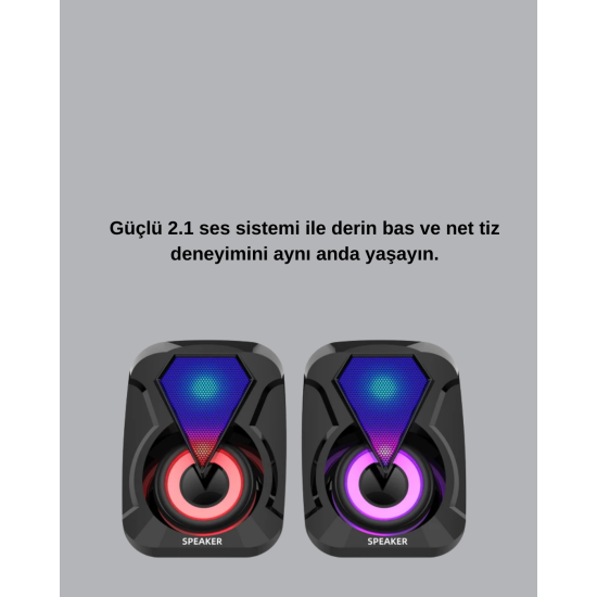 RGB LED Işıklı 2.1 USB Oyun Hoparlörü Derin Bas ve Net Ses