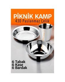Paslanmaz Çelik Tabak Kase Bardak Seti Kamp Piknik Seti 18 adet