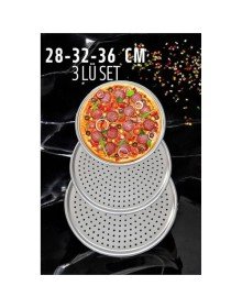 Delikli Pizza Lahmacun Tepsisi Çelik 28-32-36 CM 3 lü SET