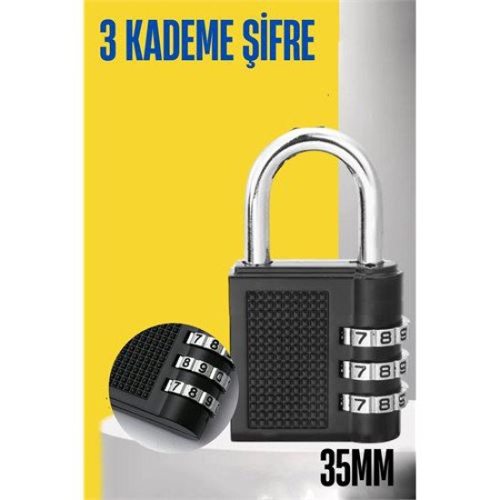Şifreli Asma Kilit 3 Kademe 35 mm Şifreli Asma Kilit 3 Kademe 35 mm