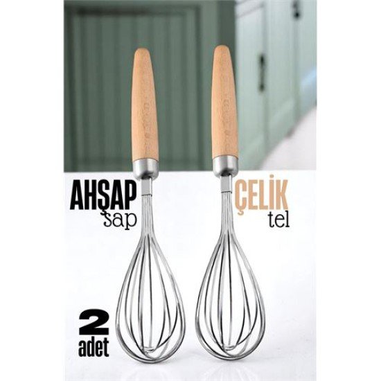 Ahşap Saplı Çelik Çırpıcı - Yumurta ve Sos Çırpıcı, Mutfak Çırpıcısı, Çırpma Teli