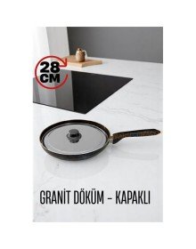 Granit Döküm Tava Paslanmaz Çelik Kapaklı -Yapışmaz Taban 28 Cm