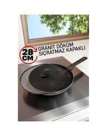 Granit Döküm Tava Yağ Sıçratmaz Kapaklı -Yapışmaz Taban 28 Cm