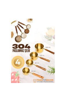 4 lü Ölçü Kabı 304 Paslanmaz Çelik Masif Ahşap Saplı