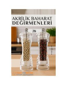 Baharat Öğütücü - Baharat Karabiber Tuz Değirmeni Ahşap Akrilik Kristal 2 li SET