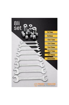 Açık Uçlu Anahtar Seti - İki Ağızlı Anahtar - İki Ucu Açık Vanadium Çelik Anahtar 8 li SET