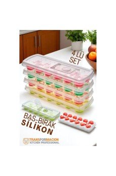 Buz Kalıbı - Bas-Bırak Kapaklı Silikon Buz Kalıbı 4 lü SET