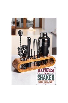 Shaker Kokteyl Set - 10 Parça 750 ML Shaker Coctail Set  Bambu Standlı