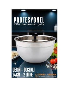 Inox Ölçekli Derin Kase  - 24 Cm 2 Litre Karıştırma Kabı Profesyonel 304 Paslanmaz Çelik