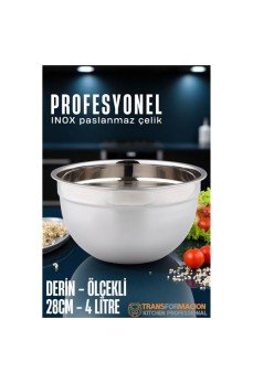 Inox Ölçekli Derin Kase  - 28 Cm 4 Litre Karıştırma Kabı Profesyonel 304 Paslanmaz Çelik