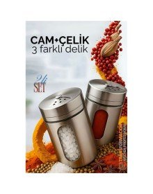 Cam+Çelik Tuzluk Biberlik Karabiberlik 3 Farklı Delikli 2 li SET