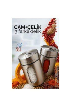 Cam+Çelik Tuzluk Biberlik Karabiberlik 3 Farklı Delikli 2 li SET
