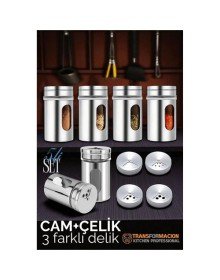 Cam+Çelik Tuzluk Biberlik Karabiberlik 3 Farklı Delikli 5 li SET