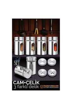 Cam+Çelik Tuzluk Biberlik Karabiberlik 3 Farklı Delikli 5 li SET