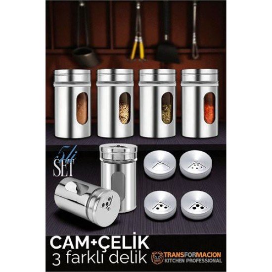 Cam+Çelik Tuzluk Biberlik Karabiberlik 3 Farklı Delikli 5 li SET
