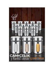 Cam+Çelik Tuzluk Biberlik Karabiberlik 3 Farklı Delikli 12 li SET
