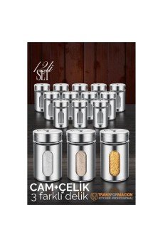 Cam+Çelik Tuzluk Biberlik Karabiberlik 3 Farklı Delikli 12 li SET