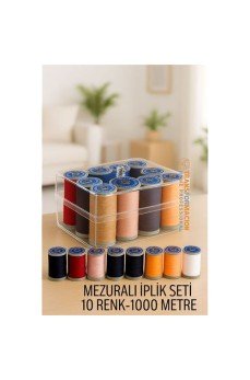 Dikiş İpliği Seti - 10 Renk 1000 Mt Kutulu Mezuralı Dikiş Seti Dikiş İpliği Seti - 10 Renk 1000 Mt Kutulu Mezuralı Dikiş Seti