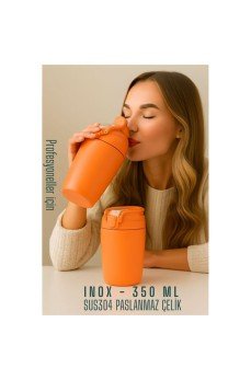 Inox Çelik Kahve Bardağı - 350 ml  SUS304 Çelik Termos Profesyonel TURUNCU