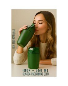 Inox Çelik Kahve Bardağı - 350 ml  SUS304 Çelik Termos Profesyonel YEŞİL